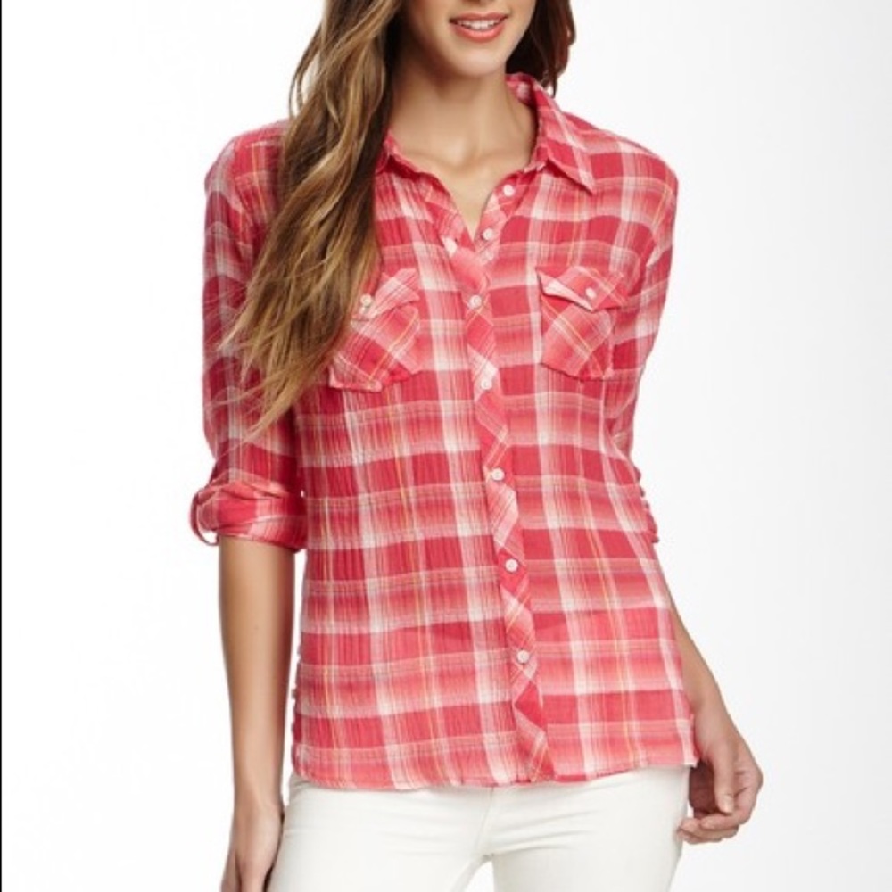 C&C California Crinkle Mermaid Plaid Top